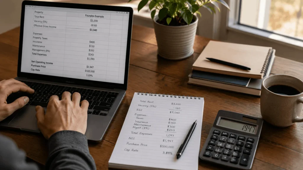 Investor working out a cap rate in real estate on a laptop and calculator