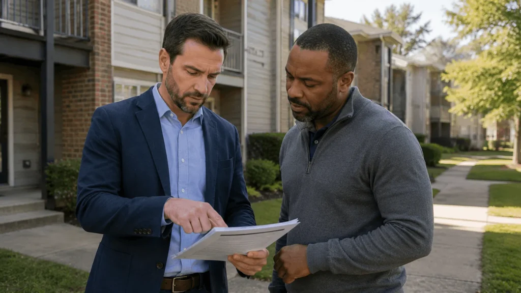 Broker and investor discussing cap rate in real estate figures at a property