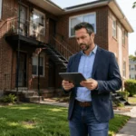 Real estate investor calculating a cap rate in real estate outside a small apartment building