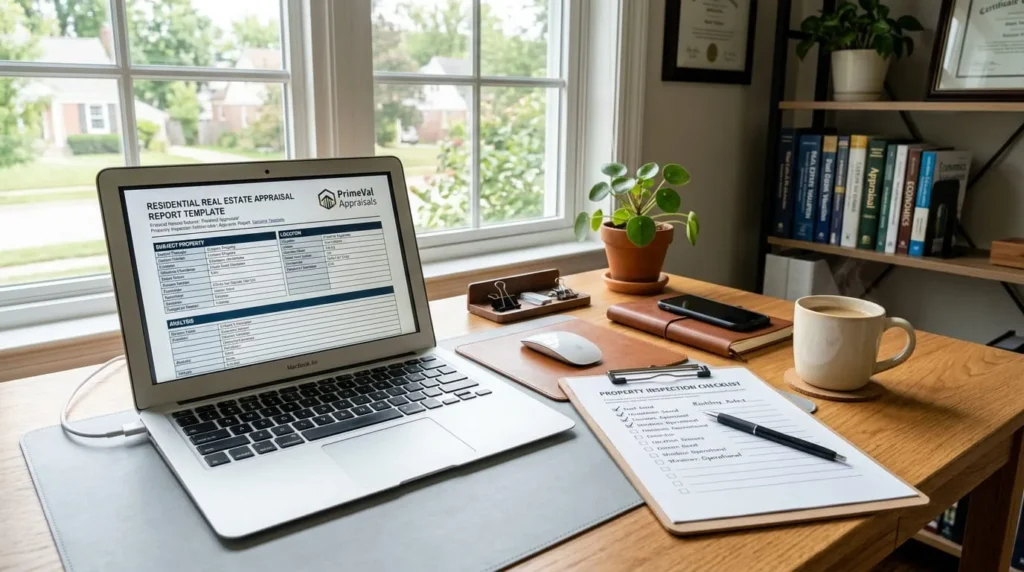 Appraisal report software on a desk representing a key step in how to become a real estate appraiser