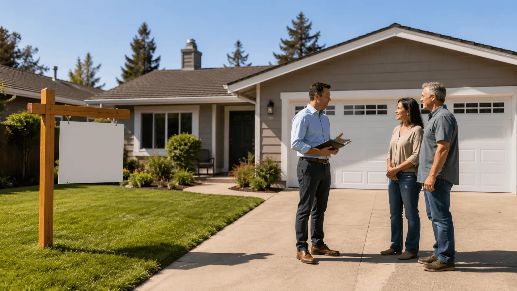 Homeowners discussing a home sale after reading Mark Spain Real Estate reviews