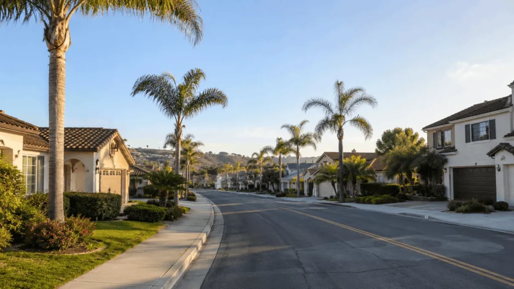 Oceanside real estate neighborhood street with coastal homes