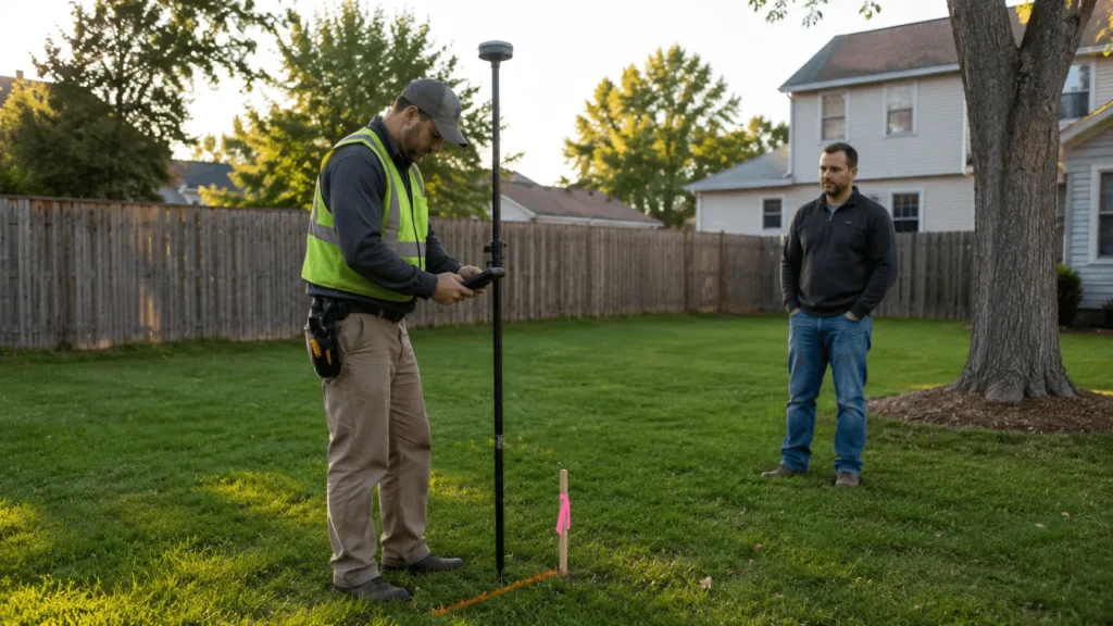 Surveyor confirming property boundaries and easement lines