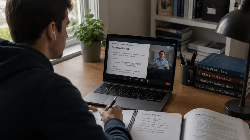 Attending a live online real estate pre-licensing course session