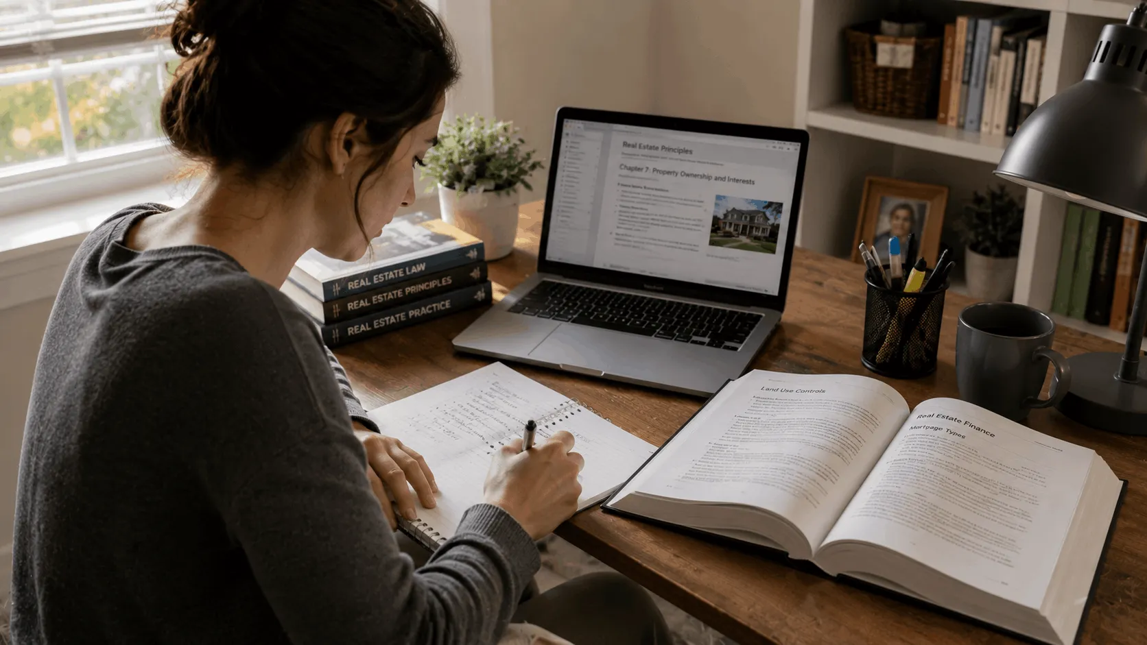 Student completing a real estate pre-licensing course at home