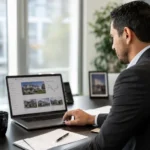 Real estate agent reviewing real estate technology news on a laptop dashboard