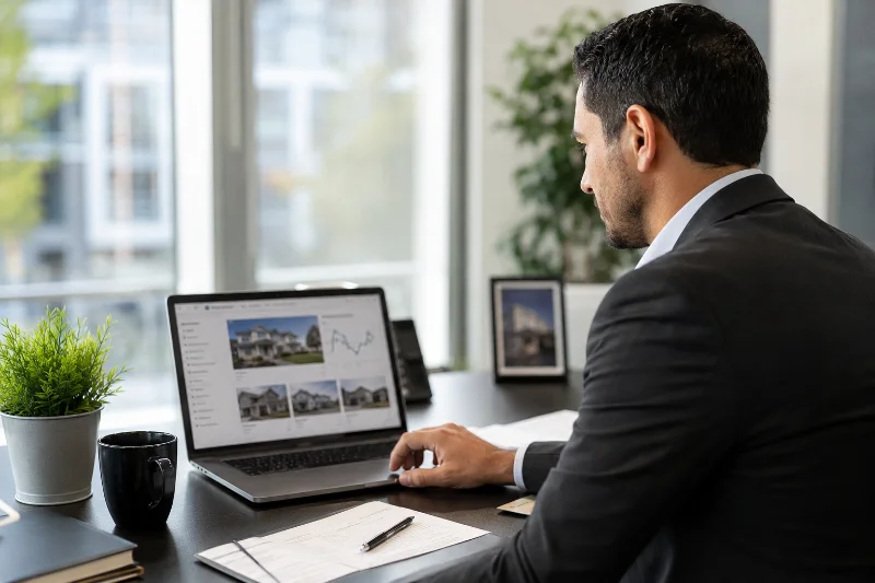 Real estate agent reviewing real estate technology news on a laptop dashboard