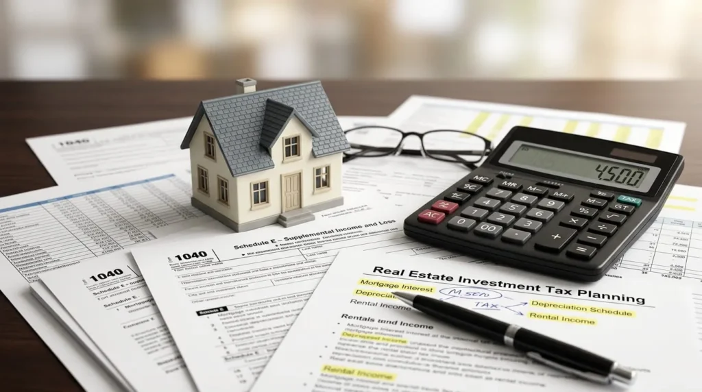 Tax documents and calculator used in real estate investment strategy planning