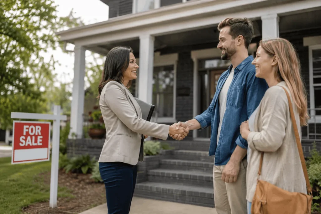 real estate agent vs realtor handshake outside a home for sale