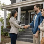 real estate agent vs realtor handshake outside a home for sale
