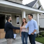 Top real estate agent shaking hands with a client after a home sale