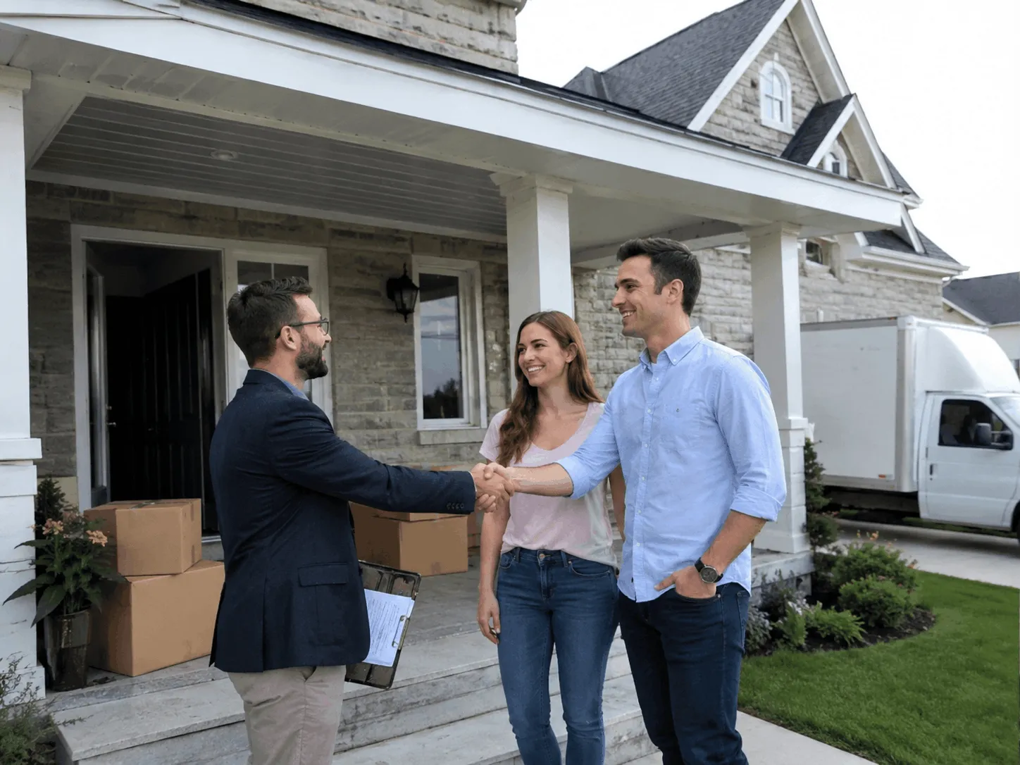 Top real estate agent shaking hands with a client after a home sale