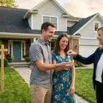 Real estate agent from a top real estate company handing over house keys to new homeowners