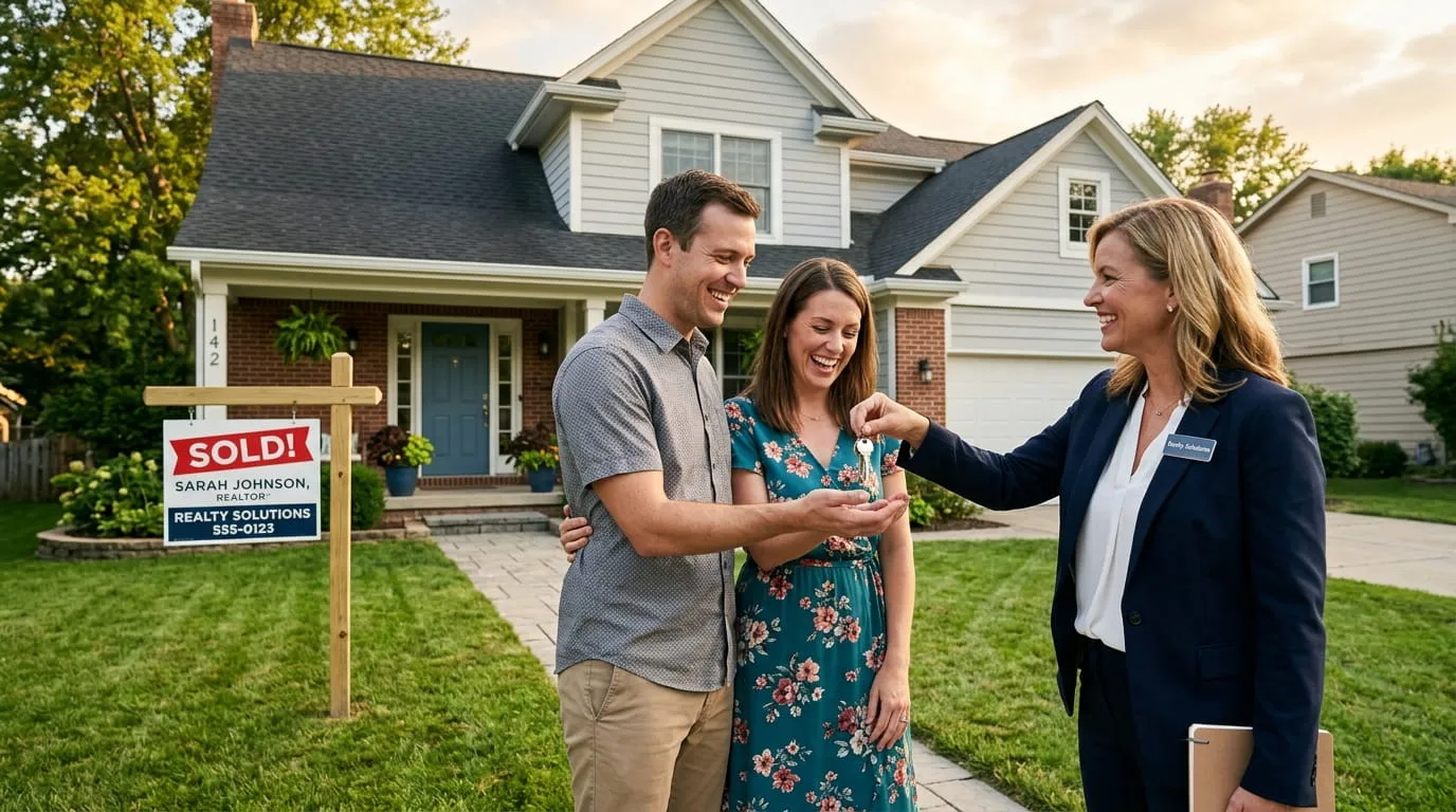 Real estate agent from a top real estate company handing over house keys to new homeowners
