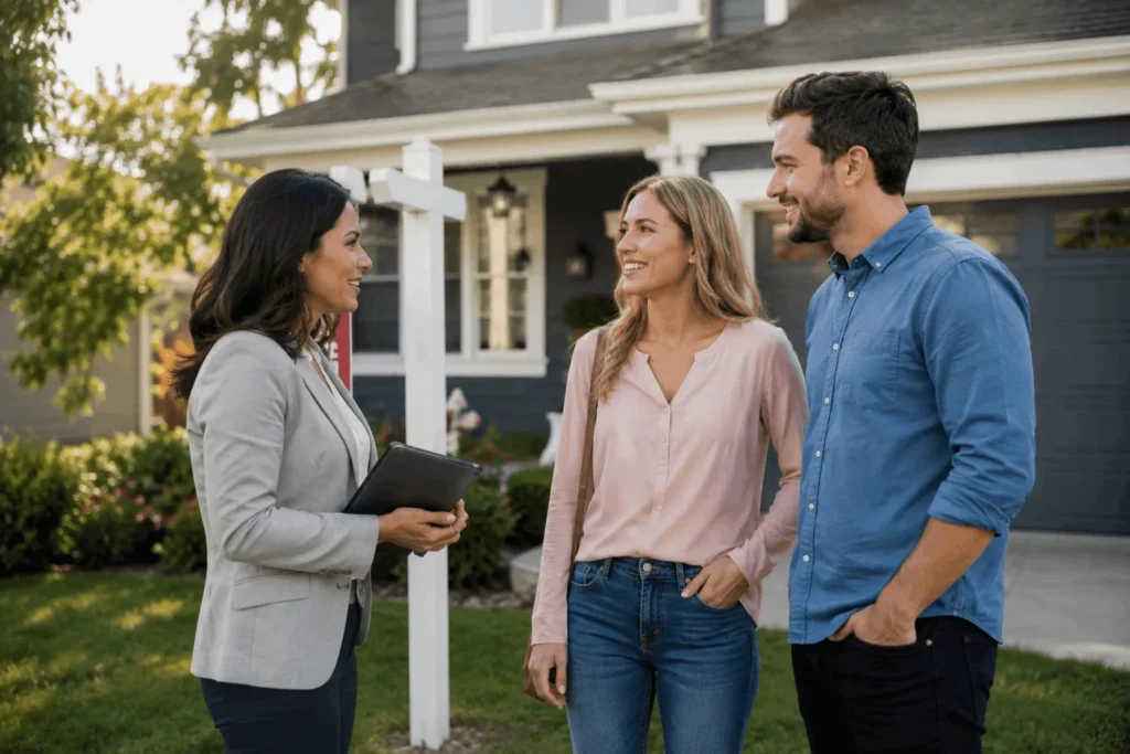 Real estate agent discussing average real estate agent salary factors with home buyer