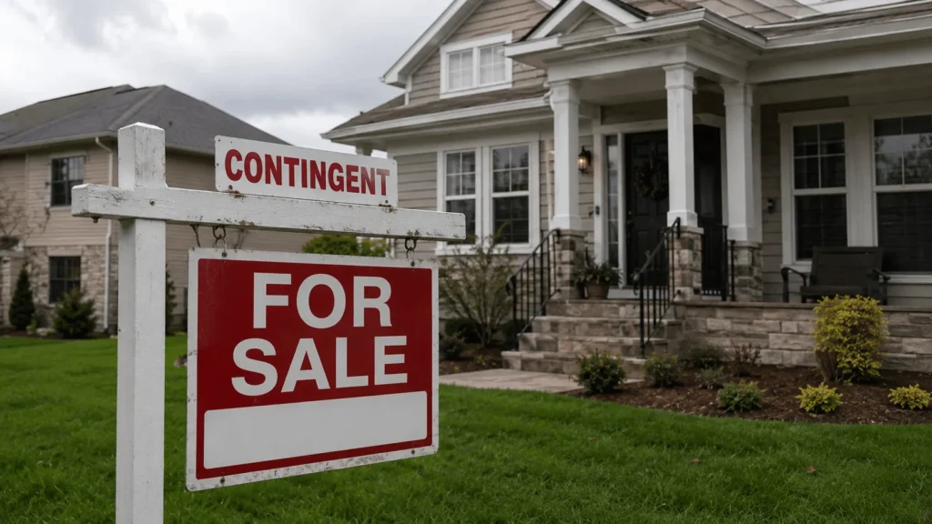 contingent real estate yard sign in front of a home under contract