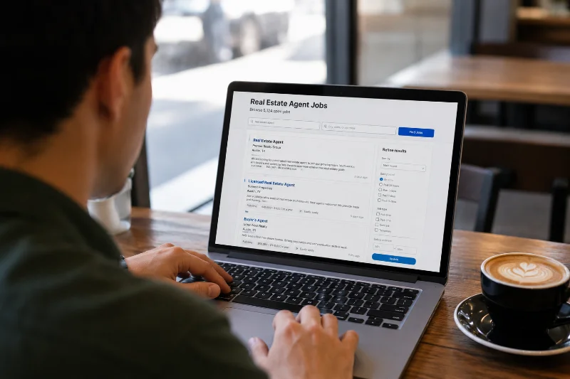 Person searching for jobs in real estate on a laptop
