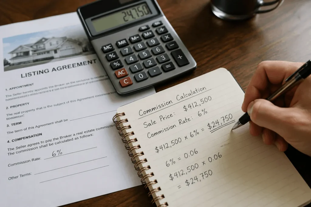 Manual real estate commission calculator math on a listing agreement