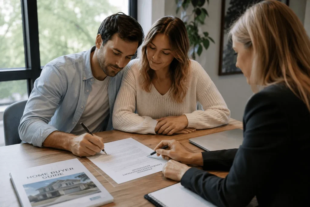 Buyer signing an agent agreement affecting real estate commission calculator estimates