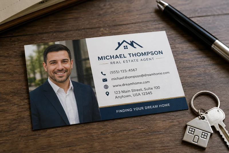 photo-forward real estate business card design on a desk