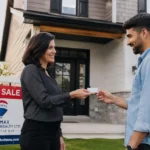 real estate agent handing over real estate business cards at an open house