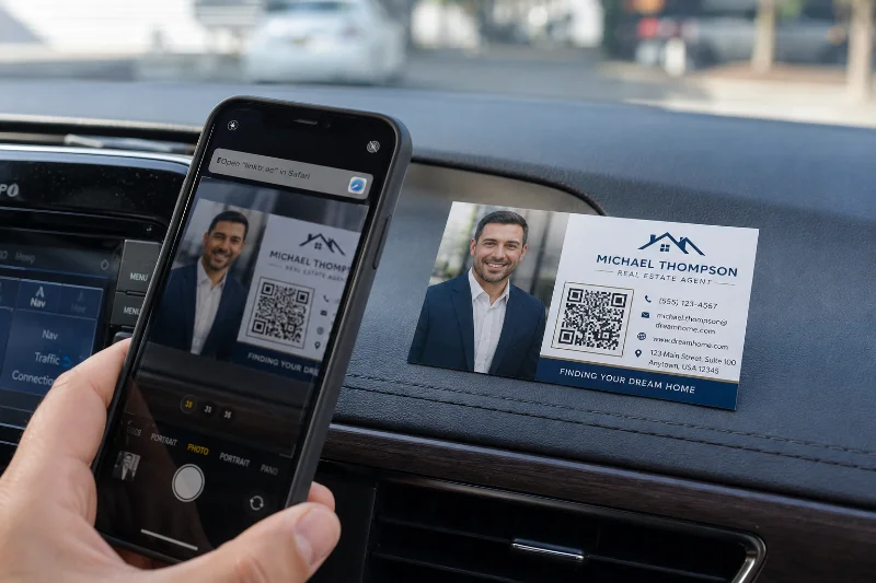 real estate business card with QR code being scanned