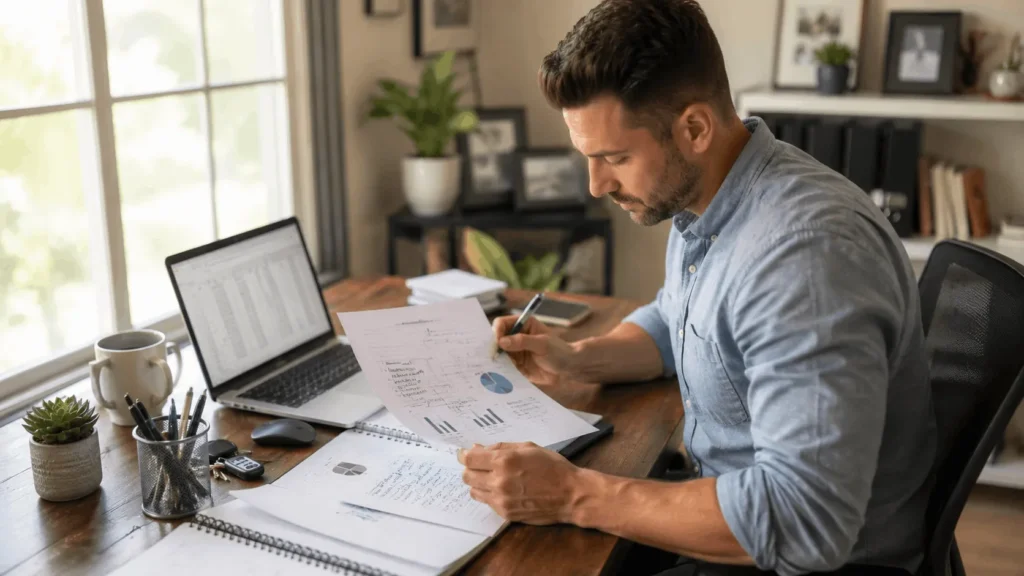 Real estate agent reviewing a real estate business plan at a desk