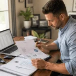 Real estate agent reviewing a real estate business plan at a desk