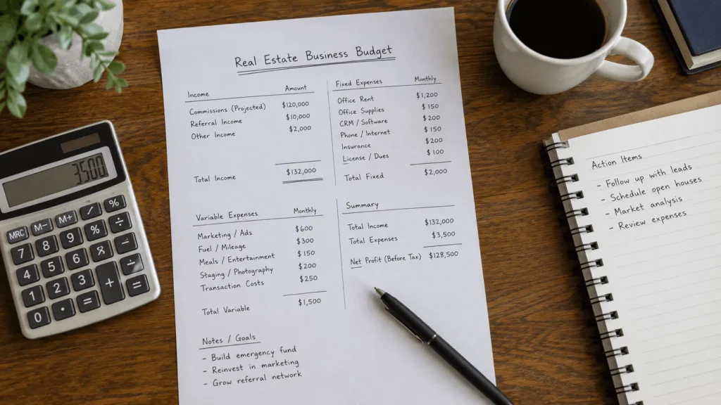 Budget worksheet used to build a real estate business plan