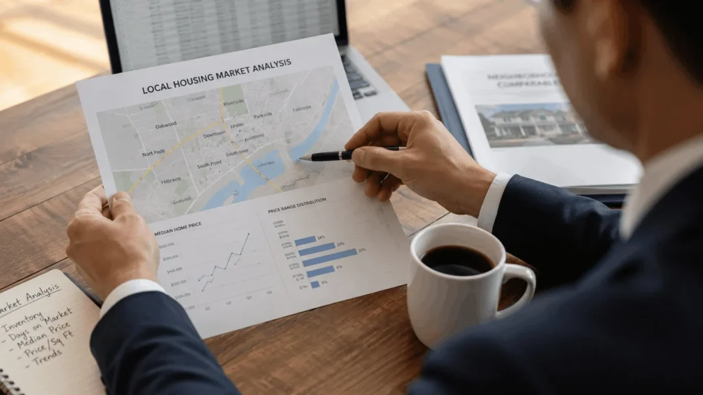 Agent analyzing local housing market data for a real estate business plan