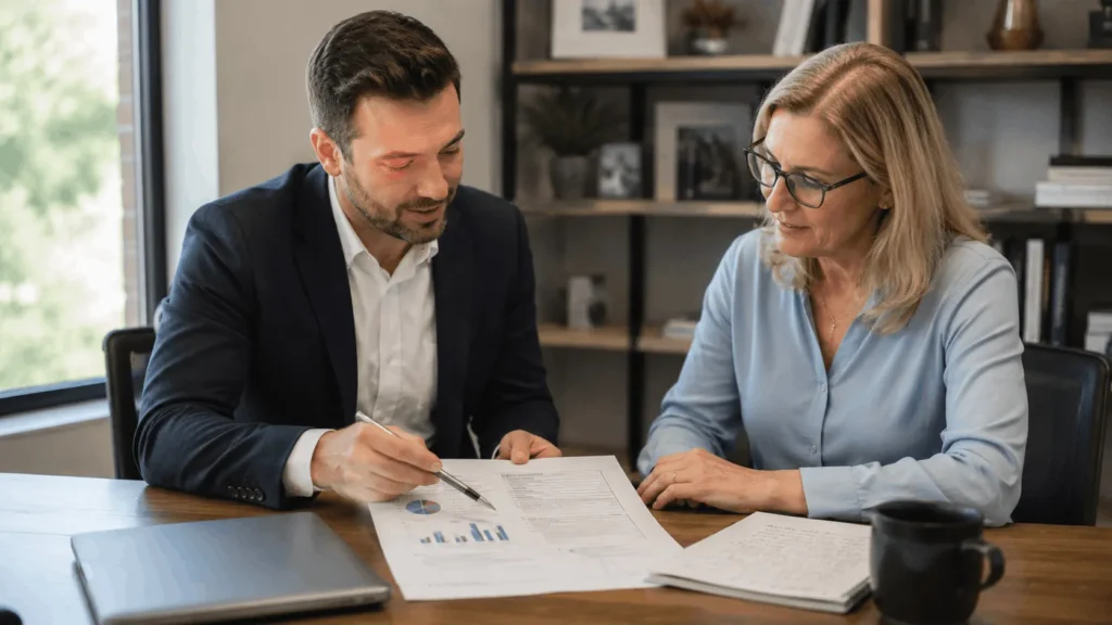 Reviewing a completed real estate business plan with a mentor