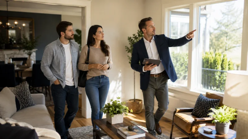 Real estate agent showing a home to clients during a property tour
