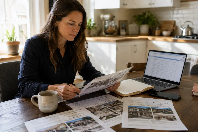 Real estate agent reviewing listings and commission numbers while researching real estate careers