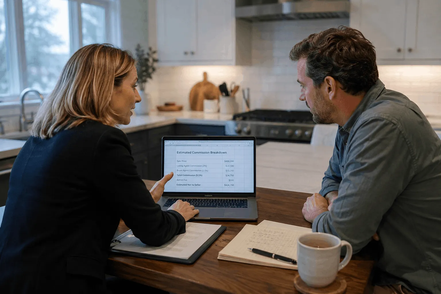 Real estate agent and homeowner reviewing a real estate commission calculator on a laptop