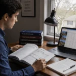 student reviewing coursework for a real estate degree program