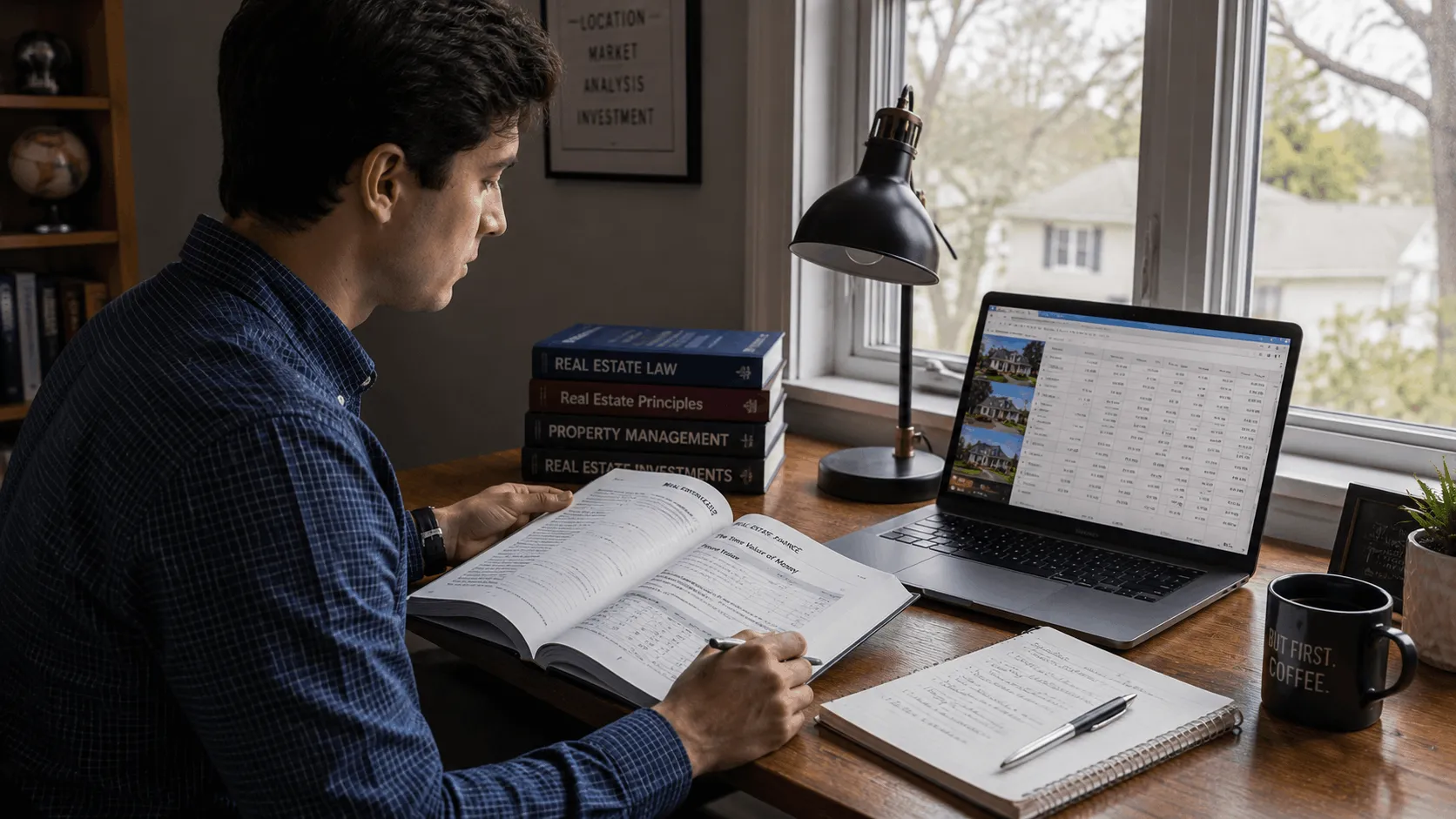 student reviewing coursework for a real estate degree program