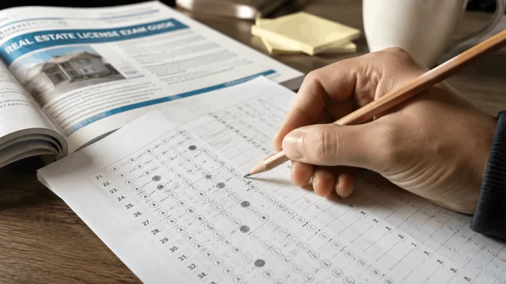 reviewing multiple-choice answers after a real estate practice exam