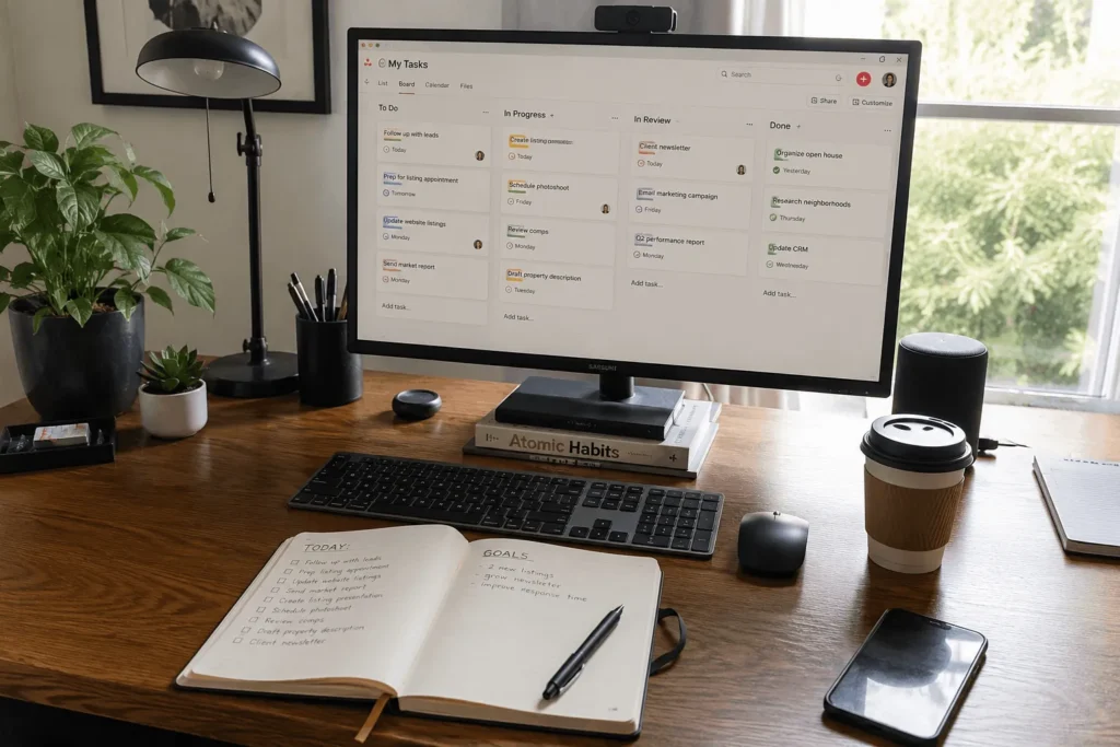 organized workspace used by a real estate virtual assistant