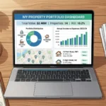 Laptop showing accounting software for real estate investors with a property portfolio dashboard