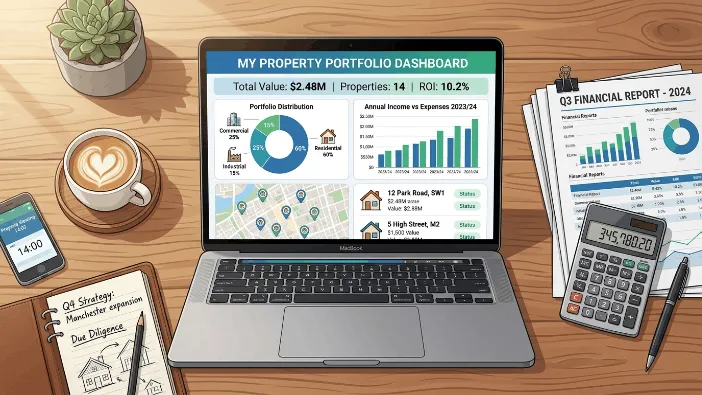 Laptop showing accounting software for real estate investors with a property portfolio dashboard