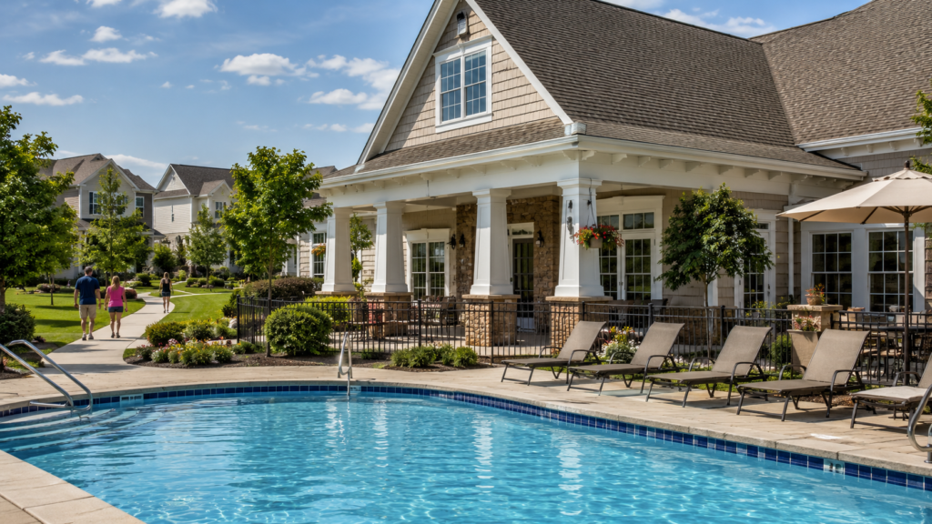 Clubhouse and pool amenities common in a PUD real estate community
