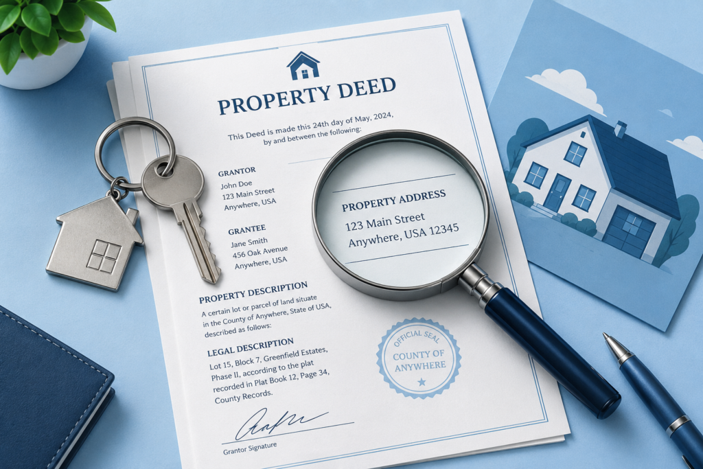 Magnifying glass over property deed representing a property owner search