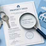 Magnifying glass over property deed representing a property owner search