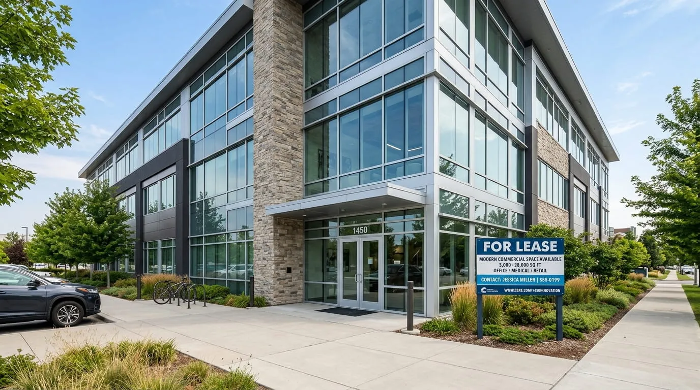 : Commercial building available for rent with a for lease sign posted outside