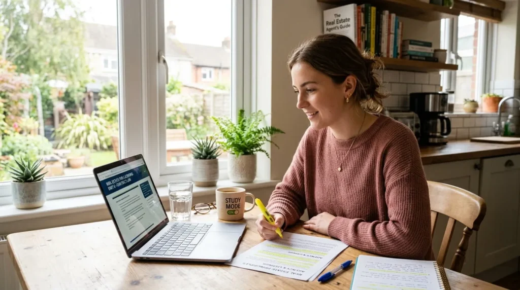 person studying real estate pre-licensing course material at home, showing you don't have to go to college to be a real estate agent
