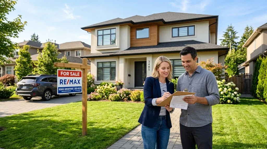Buyers reviewing an escalation clause real estate offer outside a home for sale