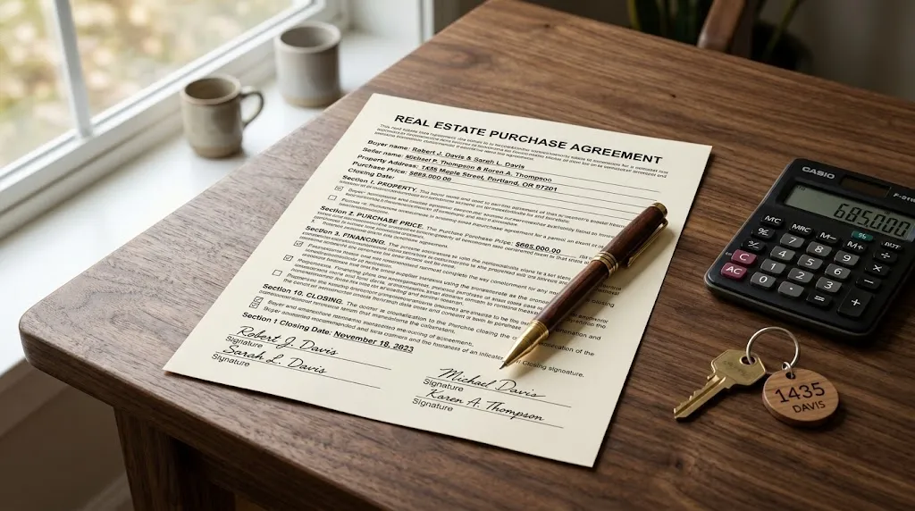 Escalation clause real estate purchase agreement with pen and calculator on desk