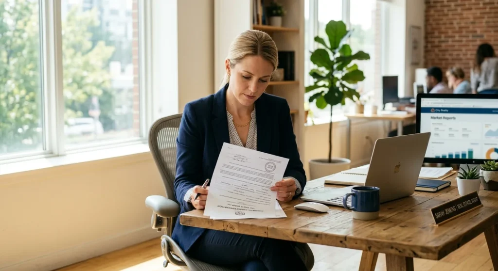 real estate agent reviewing NAICS code paperwork at desk