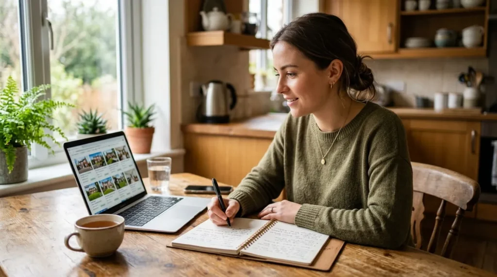 A new investor learning how to start real estate investing by reviewing property listings at home