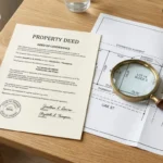Deed and survey plat map showing the legal description of property on a desk